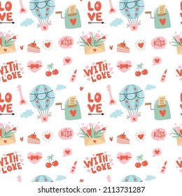Seamless pattern for Valentine's Day with heart and other elements on a white background. Valentine's day, wedding and love concept. Vector illustrations