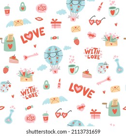 Seamless pattern for Valentine's Day with heart and other elements on a white background. Valentine's day, wedding and love concept. Vector illustrations
