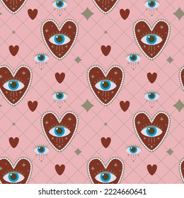 Nahtlose Muster für Valentinstag. Muster mit Herz und Auge. Muster mit goldenen Elementen. rosafarbener Hintergrund mit einem Muster.