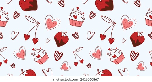 Seamless pattern for Valentine's Day with heart and love elements on a white background. Vector doodle theme set, romance for cards, banners, flyers, invitation, blog, wrapping paper, prints.