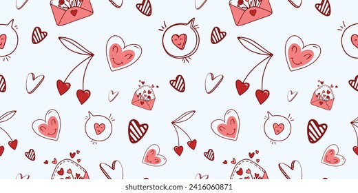 Seamless pattern for Valentine's Day with heart and love elements on a white background. Vector doodle theme set, romance for cards, banners, flyers, invitation, blog, wrapping paper, prints.