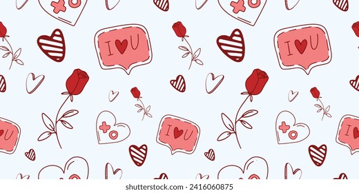 Seamless pattern for Valentine's Day with heart and love elements on a white background. Vector doodle theme set, romance for cards, banners, flyers, invitation, blog, wrapping paper, prints.