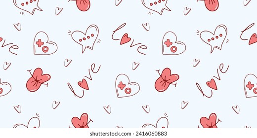 Seamless pattern for Valentine's Day with heart and love elements on a white background. Vector doodle theme set, romance for cards, banners, flyers, invitation, blog, wrapping paper, prints.