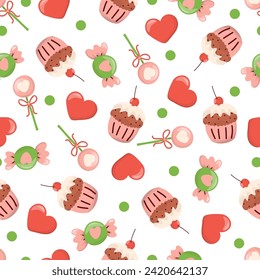 Seamless pattern for valentine's day with heart, muffin, lollipop, and candy. Valentine's Day gift wrapping paper texture. Hand drawn vector background. Stock isolated image on a white background.
