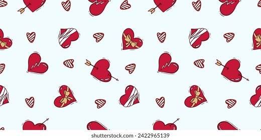 Seamless pattern for Valentine's Day with heart and love elements on a white background. Vector doodle theme set, romance for cards, banners, flyers, invitation, blog, wrapping paper, prints.