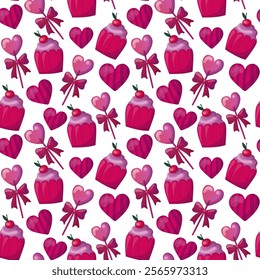 Seamless pattern for valentine's day with heart, muffin, lollipop, and candy. Valentine's Day gift wrapping paper texture. Hand drawn vector background. Stock isolated image on a white background.