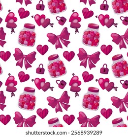 Seamless pattern for valentine's day with heart, muffin, lollipop, and candy. Valentine's Day gift wrapping paper texture. Hand drawn vector background. Stock isolated image on a white background.