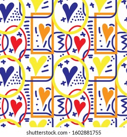Seamless pattern Valentines Day hearts. Isolated stock vector on white and background, red, blue, yellow, orange. For wrapping paper, scrap booking and printed matter,  invitation, greeting cards.
