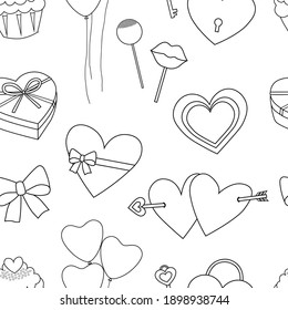 Seamless pattern Valentine's day hearts gifts candy black and white colors vector illustration