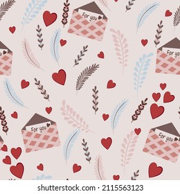 A seamless pattern for Valentine's Day with hearts, letters, gift wrappings will help create a festive mood. Modern minimalist style. Fashion illustration for a poster, postcard or background.