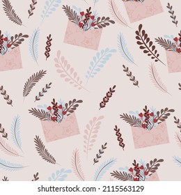 A seamless pattern for Valentine's Day with hearts, letters, gift wrappings will help create a festive mood. Modern minimalist style. Fashion illustration for a poster, postcard or background.