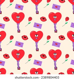 Seamless pattern, valentines day, hearts, groovy letter, love potion