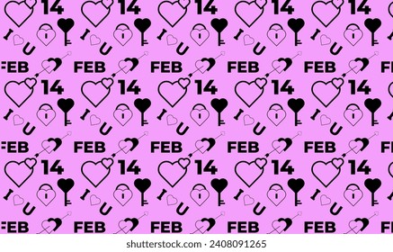 seamless pattern for Valentine's Day. Hearts, cupid's arrows, keys and locks of love, i love you and text 14 february