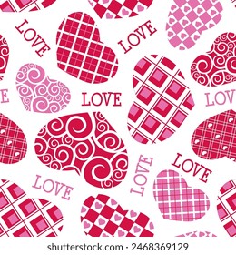 Seamless Pattern of Valentine's Day, Hearts and Love Text- Valentine's Day Vector Illustration