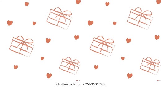 Seamless pattern Valentine's Day with hearts and gifts on white background.Cute Template holiday illustration.Design for card,postcard, poster,print,banner.Great for textiles, wallpaper-surface design