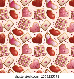 Seamless pattern with Valentine's Day icing cookies on a pink background. The concept of romance, love. Vector illustrations for posters, banners, postcards, invitations and covers.