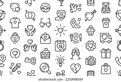 Patrón sin inconvenientes con los iconos de San Valentín. Iconos felices relacionados con el día de San Valentín. Conjunto mínimo de iconos de línea delgada. Colección de iconos de contorno