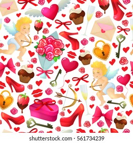Seamless pattern of Valentine's Day icons. Colorful cartoon illustration for Valentine's Day greeting card and decoration. Vector.