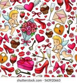 Seamless pattern of Valentine's Day icons. Colorful sketch style illustration for Valentine's Day greeting card and decoration. Vector.