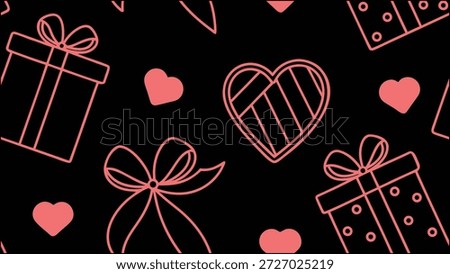 Seamless Pattern of Valentine's Day Icons Hearts and Gift Boxes on a Black Background, Perfect for Romantic Designs and Celebrations