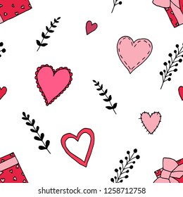 Seamless pattern of Valentine's Day illustrations. Vector cartoon background. Hearts, gift boxes and floral elements. Hand-drawn style.