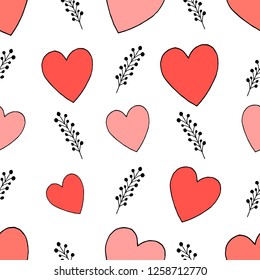 Seamless pattern of Valentine's Day illustrations. Vector cartoon background. Hearts and floral elements. Hand-drawn style.
