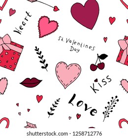 Seamless pattern of Valentine's Day illustrations. Vector cartoon background. Hand-drawn style.