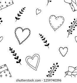 Seamless pattern of Valentine's Day illustrations. Vector cartoon background. Hearts, gift boxes and floral elements. Hand-drawn style.
