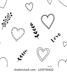Seamless pattern of Valentine's Day illustrations. Vector cartoon background. Hearts and floral elements. Hand-drawn style.
