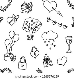 Seamless pattern of Valentine's day illustrations. Vector cartoon background. Hand-drawn style.