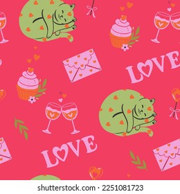 Patrón sin inconvenientes con los artículos del día de San Valentín. Gráficos vectoriales.