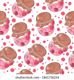 seamless pattern with valentine's day jam jars with cherry hearts. vector illustration, collection for fabric.
