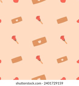 Seamless pattern for Valentine's Day. letter, heart, clothespins, rose, messages of love for festive decoration. Flat vector illustration.