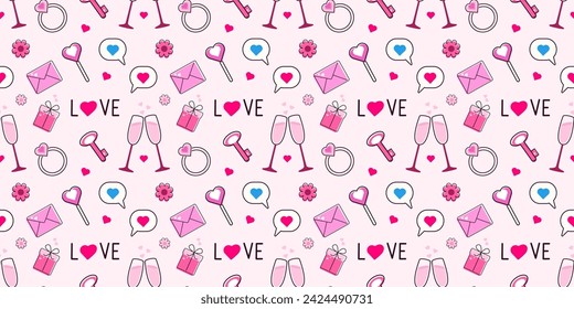 Seamless pattern valentines day. Line art style on pink background. Print for card, background, invitation, greeting card, textile, wallpapers. Cute vector illustration.