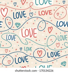 Seamless pattern of Valentines day with lines, hearts and letters. Valentines hearts. Kids elements for scrap booking. Childish background. Hand drawn vector illustration.