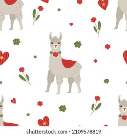 Seamless pattern for Valentine's Day with llama, flowers and hearts. Vector background for the decoration of the holiday on February 14, printing on paper, fabric, scrapbooking.
