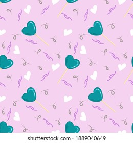 Seamless pattern for Valentines Day with lollipops, delicious candies and squiggles in the form of cartoon hearts. Vector illustration for Valentines Day greeting cards.