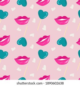 Seamless pattern for Valentines Day with lollipops and pink lips, delicious candies and hearts in the form of cartoon style. Vector illustration for Valentines Day greeting cards.