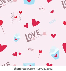 Seamless pattern for valentines day, love pattern with hearts, arrows,love text, envelope, tic tac toe game, candy on light pink background