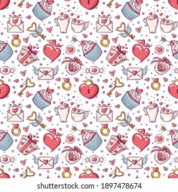 Seamless pattern with valentines day and love objects in doodle style on white background