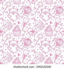 Seamless pattern with valentines day and love monochrome objects in doodle style on white background