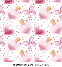 Seamless pattern for Valentine's Day. Love potion, hearts, bows.