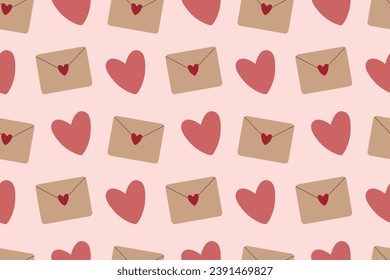Seamless pattern for Valentine's day Love letter and heart on a light pink background