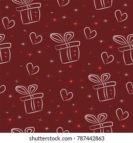seamless pattern for Valentine's day and new year, red background with holiday boxes gifts with a bow and hearts for Valentine's day and Christmas,texture with sparkling stars and accessories ,eps 10