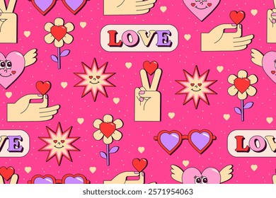 
Seamless pattern Valentine's Day. Objects about love on pink background. lements in retro groovy style. Love text, glasses, heart with wings, flower, sun, hand with heart. Vector illustration.