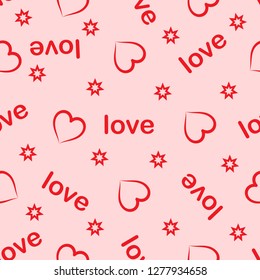 Seamless pattern. Valentine's Day. On a pale pink background, the red outlines of hearts, stars and the words "love" are a vector image.