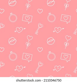 Seamless pattern for valentine's day. Outlines of heart, lips, ring on pink background.