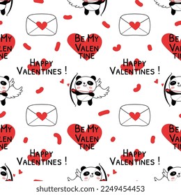 Seamless pattern with Valentines day panda cupids. Cute panda bear with bow and arrow and love letters. Be my Valentine. Flat doodle style vector illustration