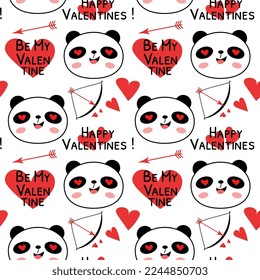 Seamless pattern with Valentines day pandas. Cute panda bear heads and red hearts on white. Be my Valentine. Flat doodle style vector illustration. For wrapping paper, printing