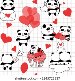 Seamless pattern with Valentines day pandas. Cute panda bear characters with romantic symbols. Red hearts, love letter, balloons. Flat doodle style vector illustration